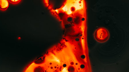 Paint droplet. Spill ink texture. Defocused dark orange red glowing neon water liquid oil bubble...