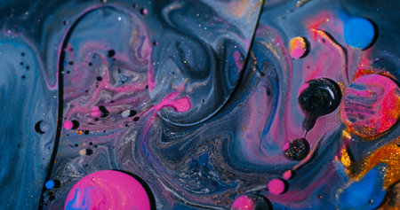 Mix bubbles. Ink art. Blur blue purple orange colorful flow glitter liquid round sparkling oil...