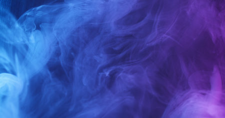 Neon steam. Color ink flow. Defocused blue purple smog texture splash liquid vapor spreading on abstract acrylic light background.の写真素材