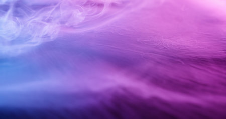 Mist vapor. Neon ink splash. Defocused purple blue color haze texture acrylic water pigment spreading on abstract underwater art background.の写真素材