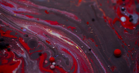 Ink water. Oil liquid. Blur red purple color dark black bubble glitter round acrylic flow splash floating on abstract art background.の写真素材