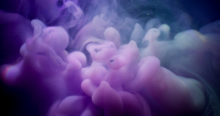 Fluid pigment. Paint water splash. Defocused purple blue colorful cloud shimmer liquid spreading on...