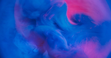 Haze splash. Blur dye flow. Color paint puff wave pink purple water bright stream blend. Blue violet smoke abstract neon background.の写真素材