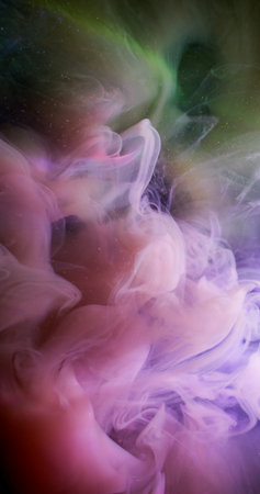 Smog ink mix. Vapor background. Defocused pink yellow color cloud sparkling splash liquid texture...