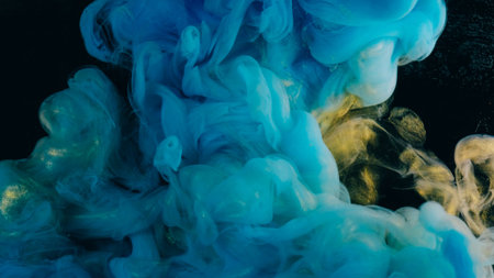 Smoke background. Cloud ink. Blur blue yellow neon color ethereal vapor liquid chemical exhaust...