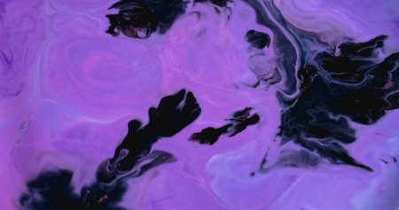 Blur pigment blend. Paint flow. Black color blob dissolving on purple neon acrylic background. Abstract art texture curl ink emulsion.の写真素材
