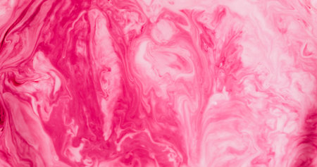 Dye stream blur. Acrylic spill. Red pink paint mixing color liquid. Art girly pigment drop splash on...