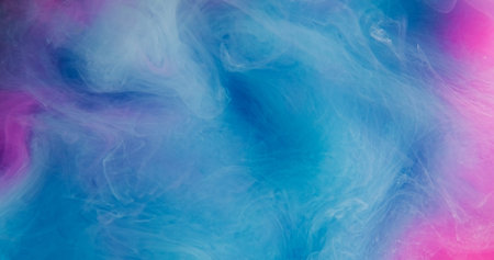 Water paint fog. Color mix smoke. Defocused blue purple pink vibrant splash liquid cloud vapor underwater haze on abstract background.の写真素材