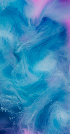 Ink drop splash. Smog water texture. Defocused blue pink purple color bright liquid acrylic pigment cloud fog on abstract background.の写真素材