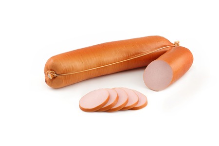 Boiled sausage on a white backgroundの写真素材