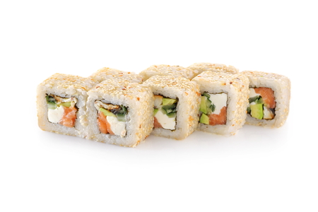 Sushi Tokyo with eel, salmon, cheese, avocado, Unagi sauce, sesame, nori on a white backgroundの写真素材