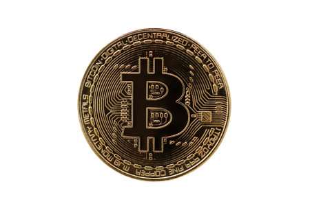 golden bitcoin isolated on white backgroundの写真素材