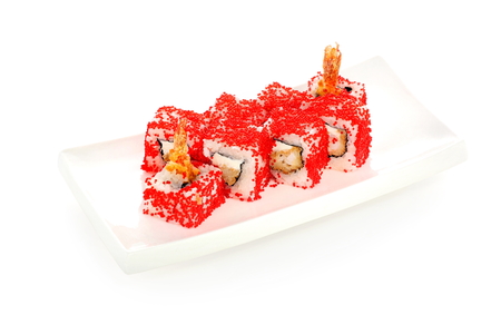 sushi roll with shrimp and red caviar on a white background isolatedの写真素材