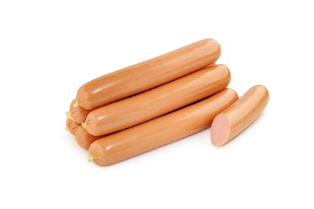 Pork sausages in an artificial shell on a white background isolatedの写真素材