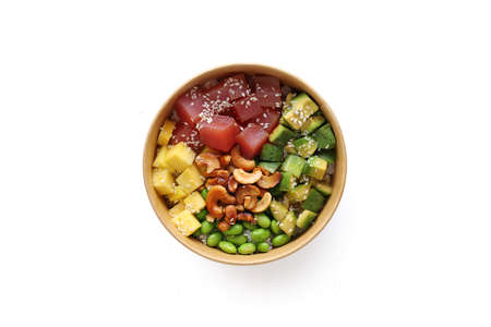 Hawaiian tuna poke bowl with avocado isolated on white background top view fast food healthy eatingの写真素材