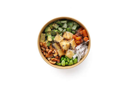 Poke with tofu isolated on white background. top view fast food healthy eatingの写真素材