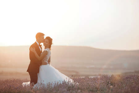 Wedding couple in a lavender field at sunset, bride and groomの写真素材