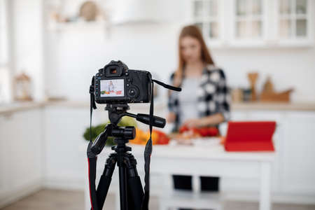 Professional equipment recording video blog, Woman doing online cookingの写真素材