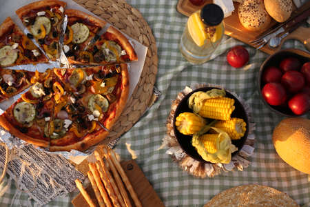 picknick with food and fruits outdoors in natureの写真素材