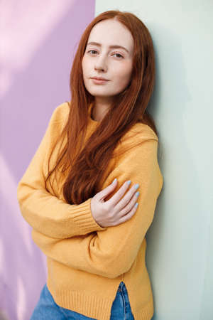 close-up portrait of a female in casual wear outdoorの写真素材