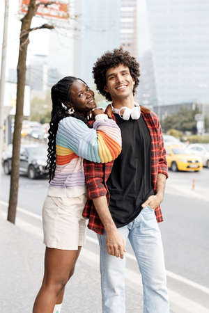happy friends female and male outdoor portraitの写真素材