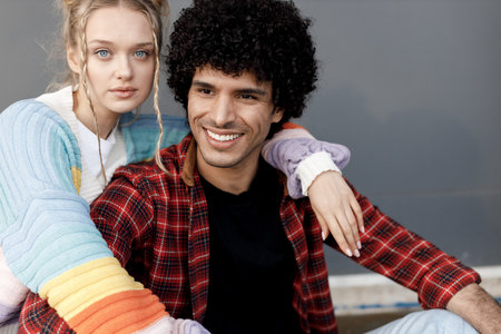 happy friends female and male outdoor portraitの写真素材