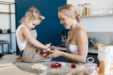mother and daughter cooking and baking in the kitchenの写真素材
