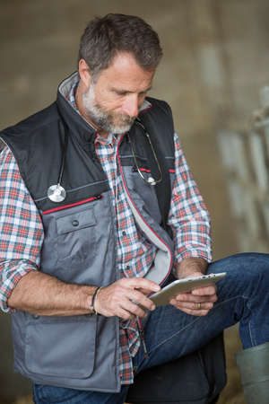attractive veterinary using a digital tablet in a barnの写真素材