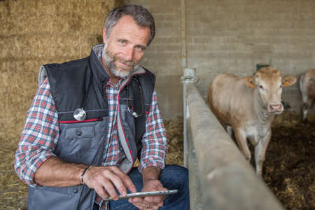 attractive veterinary using a digital tablet in a barnの写真素材
