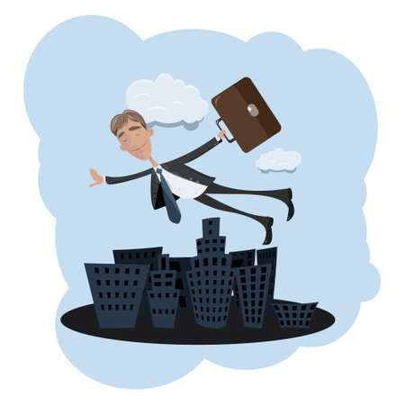 Businessman Flying Over The City. Dreams Of A Beautiful Future.のイラスト素材