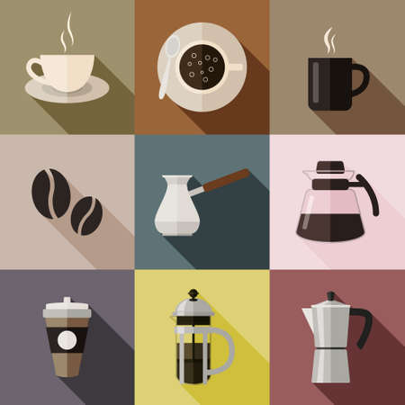 Nine Colorful Square Flat Coffee Icons With Long Shadowのイラスト素材