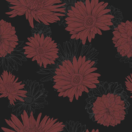Flower seamless pattern. Red Aster and chrysanthemum at the black backgroundのイラスト素材