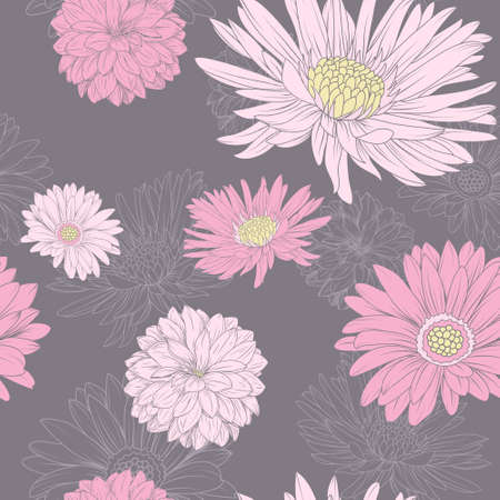 Flower seamless pattern. Pink Aster and chrysanthemum at the black backgroundのイラスト素材