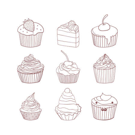 Set of 9 different delicious cupcake scetch. Vector illustrationのイラスト素材