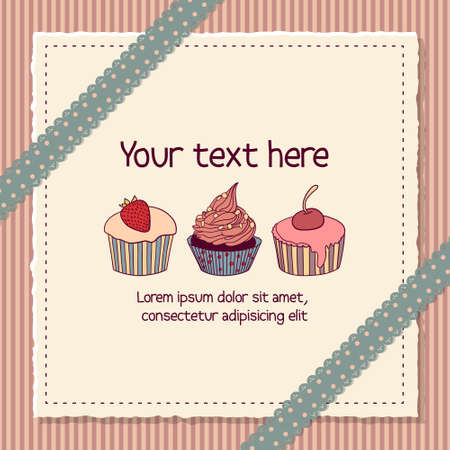 Funny scrapbooking card with three cupcakes on a piece of paper in retro styleのイラスト素材
