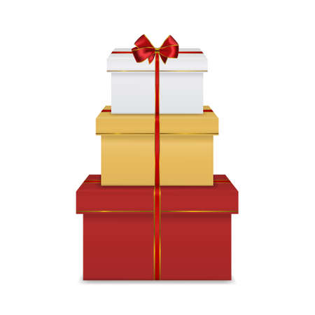 Stack of three realistic colorful red white and gold gift boxes with red ribbon and bow isolated on white backgroundのイラスト素材