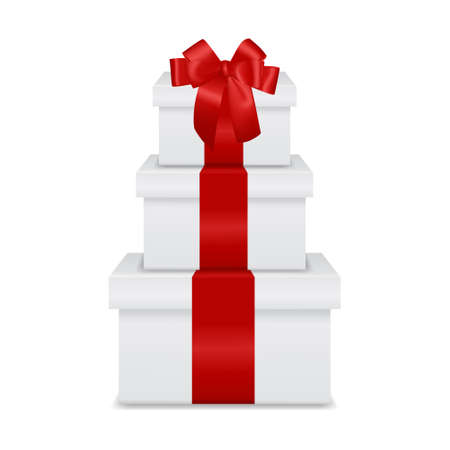 Pile of realistic white gift boxes with red bow isolated on white backgroundのイラスト素材