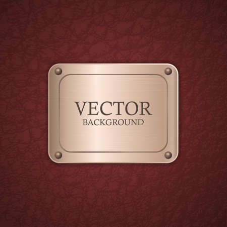 Realistic metal label on red leather background. Vector illustration.のイラスト素材