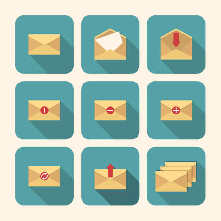 Mail icon set of nine envelopes in flat design. Vector illustration.のイラスト素材