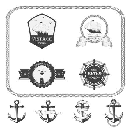 Set of vector vintage nautical labels, icons and design elementsのイラスト素材