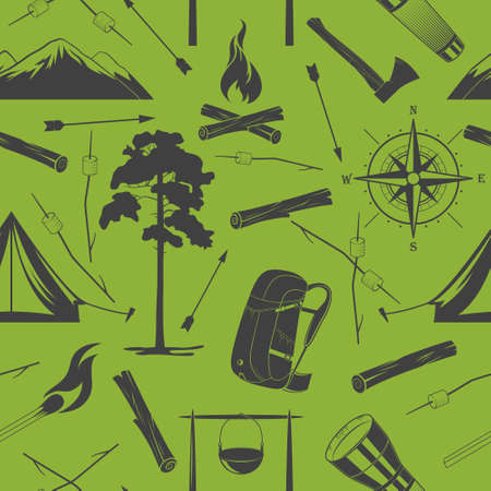 Vector seamless camping pattern on a green background.のイラスト素材