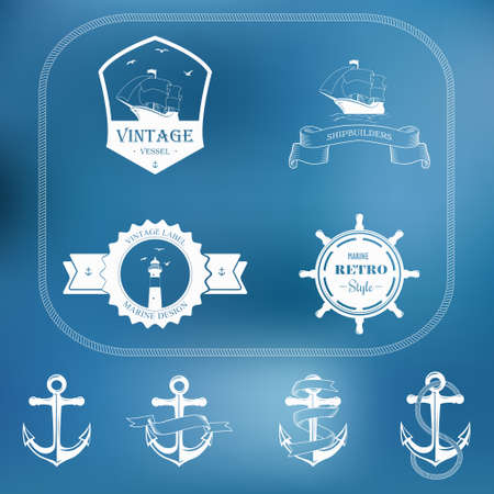 Set of nautical and maritime adventure vector labels and anchors .Logotype templates and badges.のイラスト素材