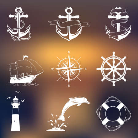 Set of vintage nautical labels, icons and design elements. Vector illustration.のイラスト素材