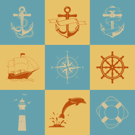 Vector set of nine decorative nautical signs and iconsのイラスト素材