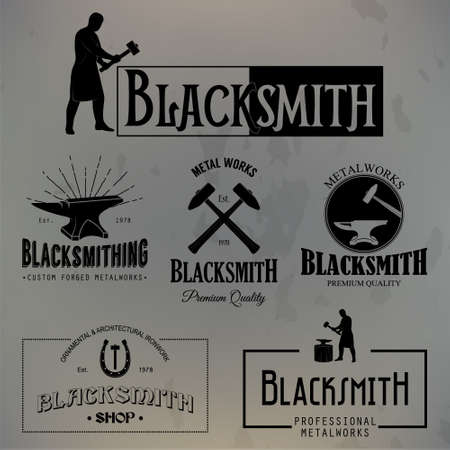 Set of vintage blacksmith labels and design elements on a grunge background. Vector illustration.のイラスト素材