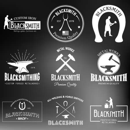 Set of monochrome vintage blacksmith labels and design elements on a blurred background. Vector illustration.のイラスト素材