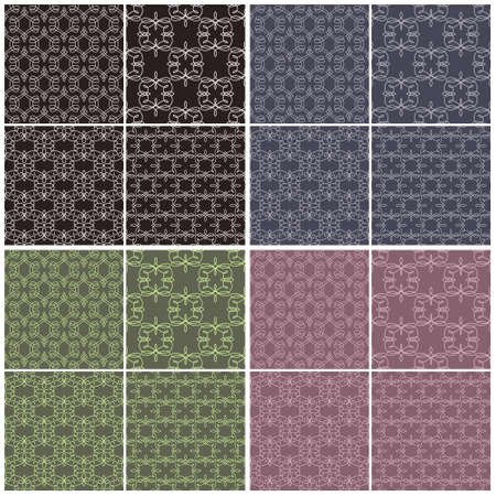 Set of four different vector seamless patterns in four color schemes. Endless texture can be used for wallpaper, pattern fills, web page background,surface textures. Set of two-color geometric ornaments.のイラスト素材