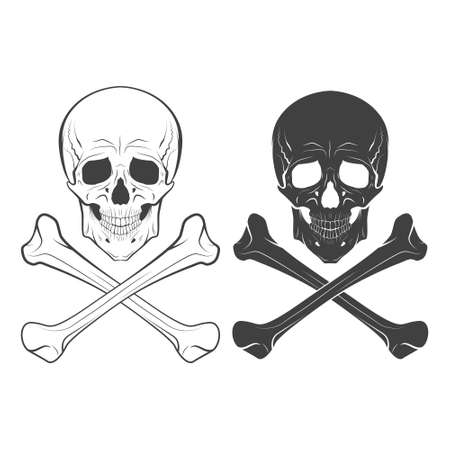 Monochrome skull and bones hand drawn. Isolated on white. Vector illustrationのイラスト素材