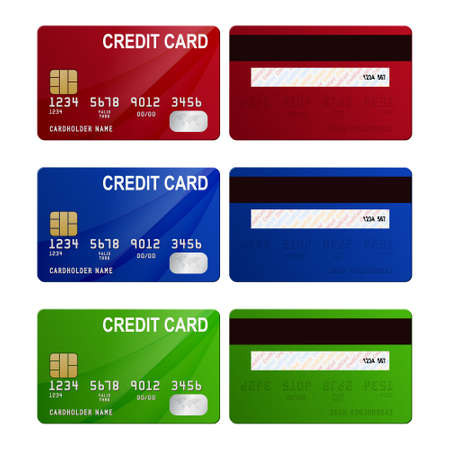 Set of three credit cards - red, blue, green, front and back view. Vector EPS10 illustration.のイラスト素材