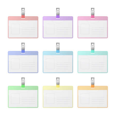 Set of colorful transparent identification cards with place for photo and text. Isolated on white background. Vector EPS10 illustration.のイラスト素材